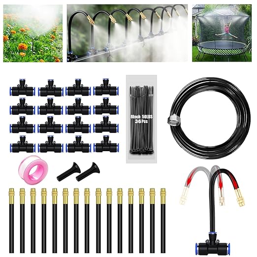 360° Adjustable Mister Sprinkler Drip Irrigation System -Water Trampoline Sprinkler Kit for Kids Summer Fun.82Ft Garden Greenhouse Plant Watering System with 15 Nozzles for Yard, Lawn, Plants