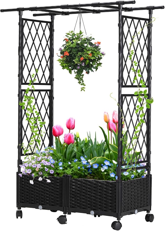 Lalahoni Planter with Trellis, 4.5ft Trellis Planter Self-watering Box with Wheels for Outdoor Plants Tomato Flower Vegetable Herb Vine Garden Patio, Plastic Raised Bed Trellis with Drainage Hole, 1PC