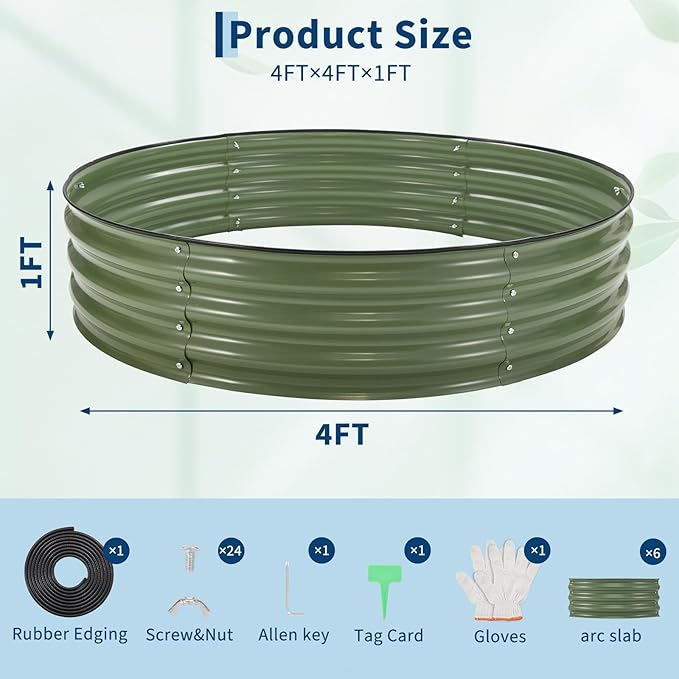 PeakPursuit 4X4x1Ft Galvanized Raised Garden Bed Kit, Metal Planter Box, Round Raised Beds with Open-Ended Base for Vegetables, Flowers, Herbs & Fruits