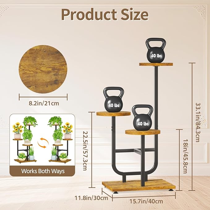 LASZOLA Black 3 Tier Tall Metal and Wood Plant Stand Indoor, Large Heavy Duty Planter Holder Rack for Vertical Corner, Sturdy Iron Spiral Multiple High Flower Organizer for Rustic Patio House Bathroom