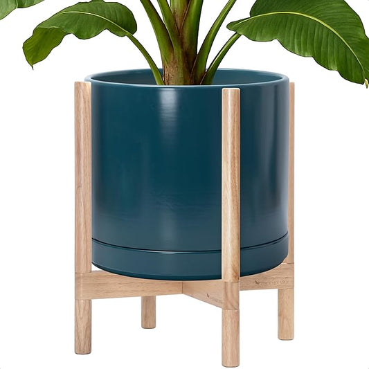 D'vine Dev Ceramic Planter with Natural Stand - 14 Inch Modern Round Flower Pot with Wood Planter Holder, Teal, 55-B-R-4