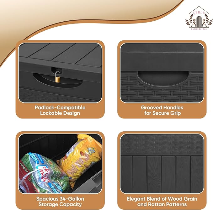EHHLY 33 Gallon Deck Box, Small Outdoor Storage Box Waterproof, Lockable Secure Package Bin Delivery Box for Outside Front Porch, Patio Cushions Storage Box, Delivery Driver Snack Box for Porch, Black