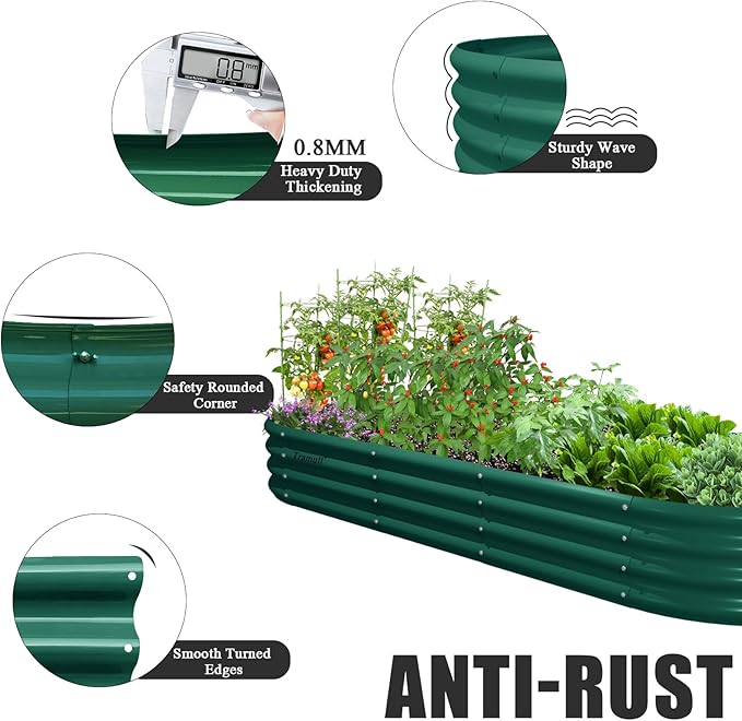 6 Pack 8x3x1FT Galvanized Raised Garden Bed Kit Oval Metal Ground Planter Box Outdoor Bottomless Planter Raised Beds for Vegetables Flowers Herbs Fruits, Green