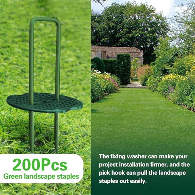 Bakulyor 200pcs Green Artificial Turf Stakes Staples + 200pcs Buffer Washer, 6 Inch 11 Gauge Landscape Staples, Galvanized Lawn Spikes, Heavy Duty Yard Ground Pin for Grass Weed Barrier Sod Fabric