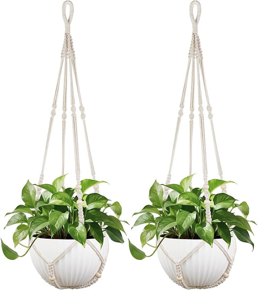 Mkono 43 Inch Macrame Plant Hanger Large for up to 12 Inch Pot Extra Long Hanging Plant Holder No Tassels Hanging Planter Basket with Wood Beads for Indoor Outdoor Boho Home Decor, Ivory, Set of 2