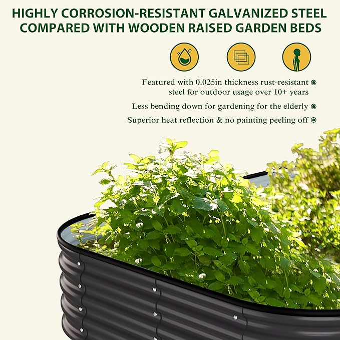 MUPATER 6x3x1FT Metal Raised Garden Beds Outdoor, Modular Galvanized Steel Planter Box for Vegetables, 11.2'' H Garden Bed Kit Oval for Herbs and Flowers, Garden, Gray