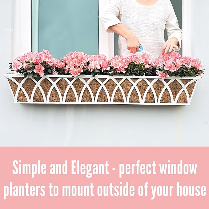 LaLaGreen Wall Planter Outdoor (36 Inch, 2 Pack) White Metal Rectangular Hanging Flower Boxes with Coco Liner Window Basket Plant Holder Deck Rail Railing Patio Horse Trough Balcony Fence Porch Garden