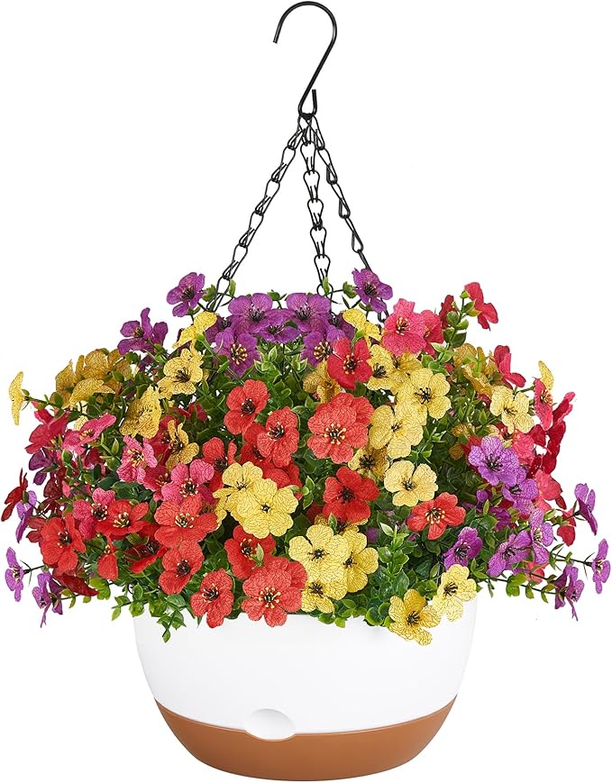 Mkono Artificial Fake Hanging Flowers Plants Basket for Outdoor, Outdoor Christmas Decor Faux Silk Daisy in 10 Inch Hanging Planter for Porch Home Patio Balcony Yard