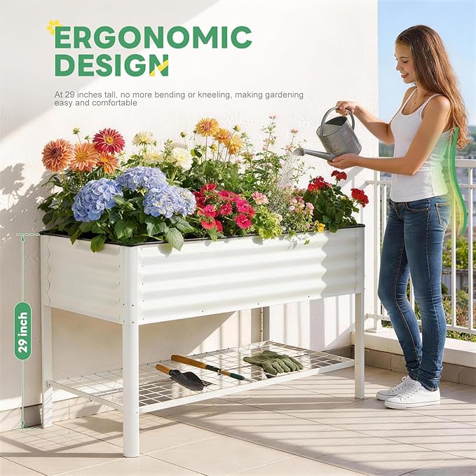 STBoo Elevated Raised Garden Bed with Legs and Wheels- 48''x24''x32'' Galvanized Metal Standing Planter Boxes Outdoor with Bottom Storage Shelf for Backyard, Patio, Balcony, Vegetables, Flowers, White