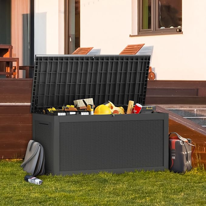 320 Gallon Lockable Resin Outdoor Storage Box, Waterproof & Weather Resistant Deck Box for Patio Cushion, Garden Tools & Pool Accessories, Black