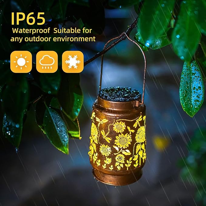 Dragonfly Solar Lanterns Outdoor Waterproof Sunflower Solar Lights Birthday Christmas Gifts for Women Mom Metal Hanging Decorative LED Lantern Outside for Garden Decor,Yard,Patio,Porch,Lawn,Backyard