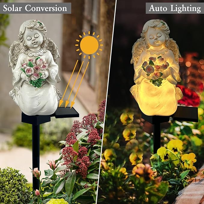 Solar Garden Angel Lights, Waterproof Outdoor Garden Angels Statue Decorations Solar Lights for Cemetery Gravesite Grave Outside Yard Patio Lawn Porch (Flower)