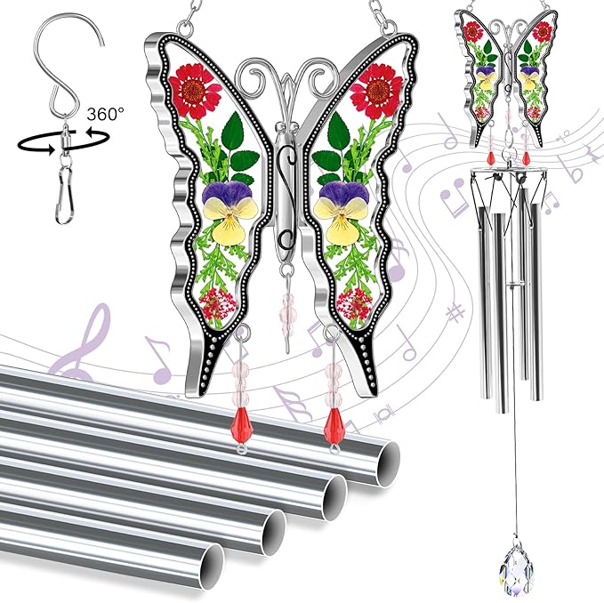 KY&BOSAM Butterfly Wind Chime for Outside with Crystal Sympathy Wind Spinner Wind Chimes Memory Memorial Wind Chime for Loss of Loved One Mother Father Condolence Gift Home Outdoor Garden Patio Decor