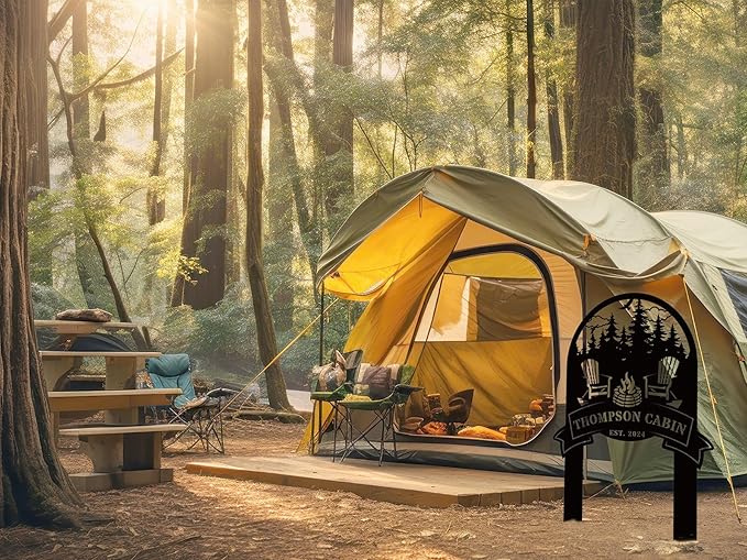 Personalized Family Name Firepit Scene Sign with Yard Stake, Rustic Personalized Camping Decor