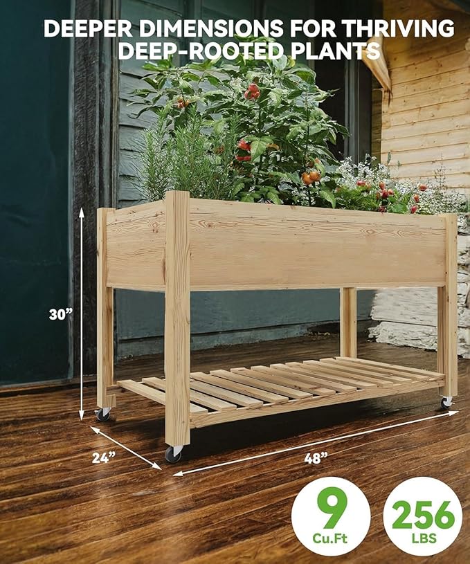 CABIHOME 48x24x32-in Wooden Raised Garden Bed, Planter Box with Legs, with Bed Liner and Bottom Shelf Flowers, Veggies, Herbs for Backyard, Patio, Balcony, Natural