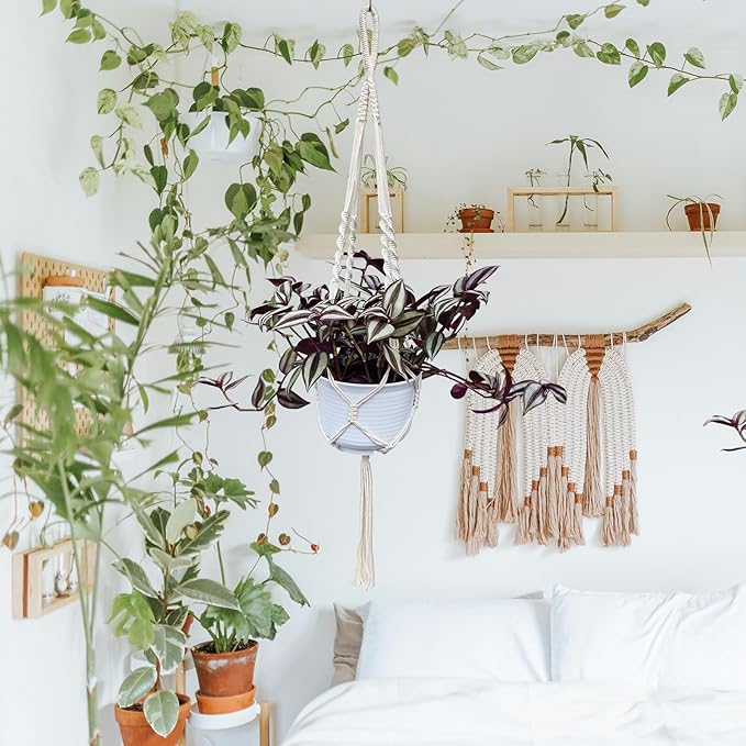 Plant Hanger, Indoor Hanging Planter Basket, Beads Decorative Flower Pot Holder, for Indoor Outdoor Boho Home Decor 35 Inch, Ivory (POTS NOT Included)