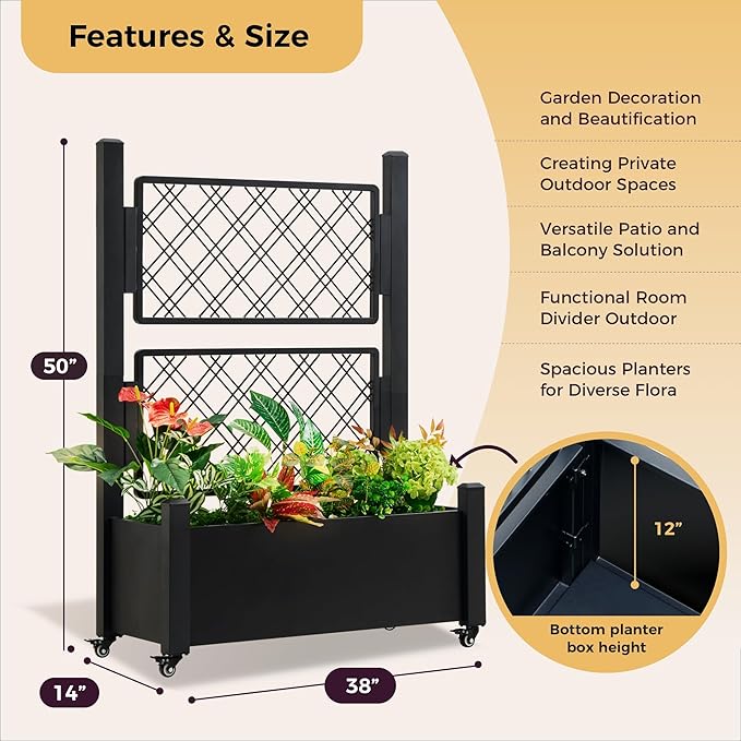 Metal Raised Garden Bed with Trellis, 50Hx38Wx14D Inch Compact Planter Box for Climbing Plants, Patio Balcony Garden, Privacy Screen with Wheels and Drainage Holes, Black