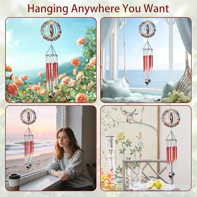 Wind Chimes with Rooster Wind Spinner, Chicken Gifts for Women Mom Friends Sisters Teacher, Metal WindChimes for Outside Home Lawn Porch Patio Garden Outdoor Decor Yard Decorations