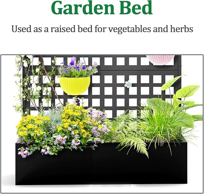 Metal Raised Garden Bed with Trellis, 2 in 1 Trellis with Planter Box & Privacy Screen for Climbing Plants, Vine, Outdoor Standing Flower Beds with Drainage Holes, 47.2" L x 16.7" W x 70.8" H, Black