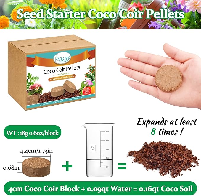 Legigo 50 Pcs 40mm Coco Coir Pellets Seed Starter Soil Mix- Organic Coconut Coir Potting Soil Pods for Seedling, Coco Peat Soil Discs for Indoor & Outdoor Plants Bonsai Herbs Vegetables and Flowers