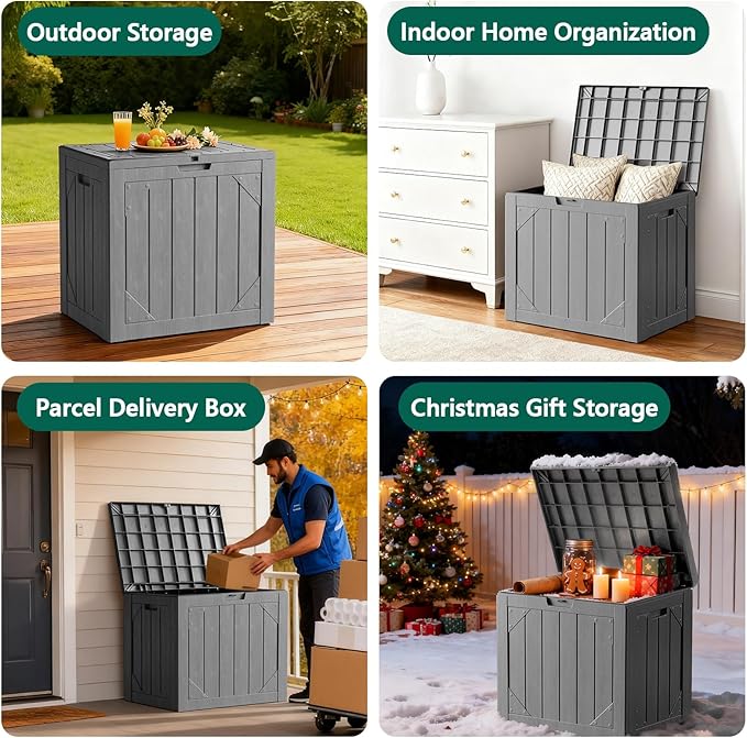 MAKE CHANGES Outdoor Storage Box,30 Gallon Deck Box Outdoor Storage Bench Outside Waterproof Resin Storage Bench, Lockable Patio Cushions, Garden Tools Storage For Furniture, UV Resistant(Gray