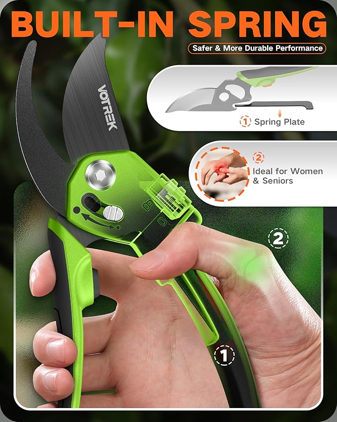 VOTREK Pruning Shears for Gardening - 8.5" Garden Clippers with SK5 Blade, Stepless Adjustable Handle for All Hand, Ergonomic Bypass Plant Pruners Scissors for Heavy Duty Branch Bush Rose Tool
