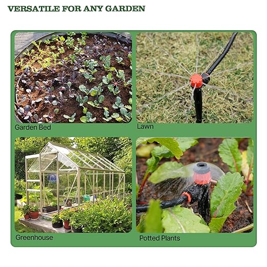 A ANLEOLIFE 100FT Drip Irrigation System Kit, Quick-Connect Garden Watering System with 1/2” & 1/4” Tubing, Y Splitter, 22 Adjustable Emitters & Nozzles for Garden Beds, Greenhouse, Yard