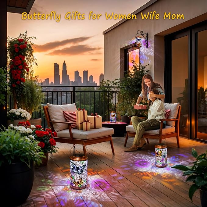2Pack Solar Outdoor Lanterns Waterproof Butterfly Colorful Garden Gifts for Women, Multicolor Solar Outside Lights Lantern for Yard, Backyard, Porch, Mothers Day Gifts for Mom Grandma Wife
