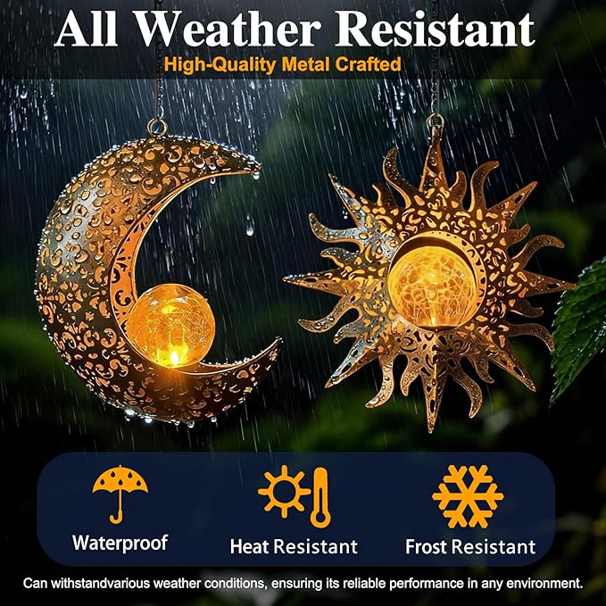 Solar Hanging Sun and Moon Lights Garden Outside Decor,2 Pack Metal Lanterns Outdoor Sunflower Art Decorations for Porch Backyard Patio Wall Tree,Unique Gardening Gifts for Women Mom Grandma