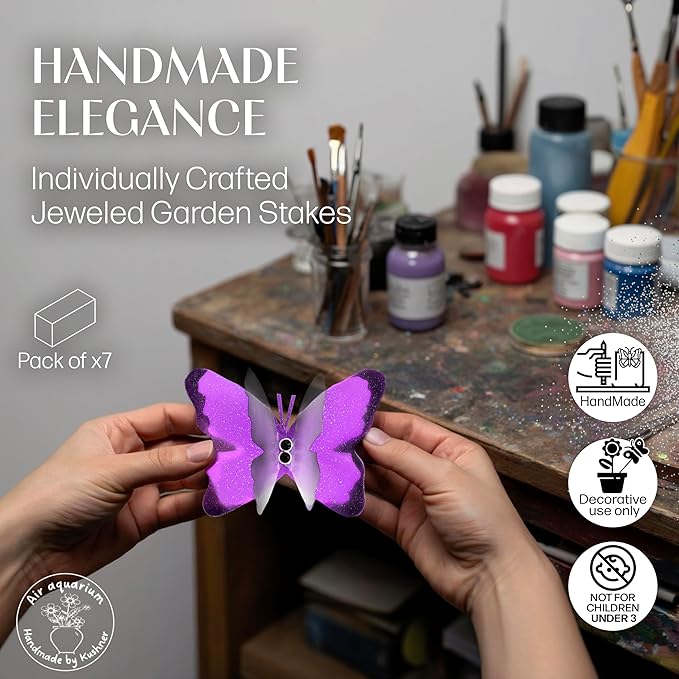 Handmade Purple Butterfly Garden Stakes - Set of 7 Premium 3D Hand-Painted Butterflies with Fluttering Spring Movement, Weatherproof Metal Rod, Outdoor Indoor Decor, Ideal Gift