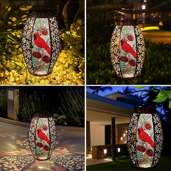 Solar Lanterns Outdoor Hanging Light Cardinal LED Glass Light Waterproof Hollowed-Out Metal Decor Garden,Yard,Patio,Gifts,Table,Pathway,Holiday for Women Mom