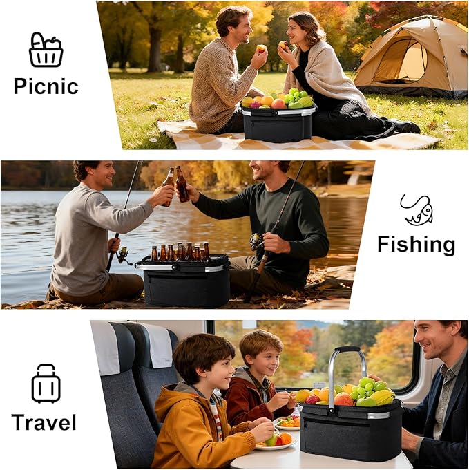 ALLCAMP Picnic Basket - 2 Ice Box Included 32L Insulated Cooler, Thickening Foldable Picnic Basket with Removable Baskets & Sewn-in Frame, Basket for House Warming Gifts New Home(Black)