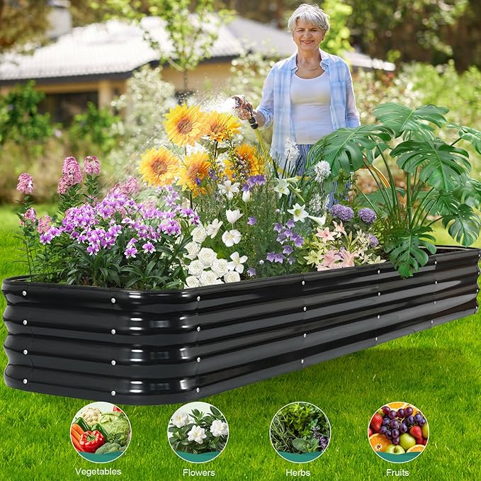 6 in 1 Galvanized Raised Garden Bed - 9x2x1ft (2Packs) Modular Planter Box Outdoor | Metal Raised Bed Kit with Bracing Rods for Gardening Vegetables Flowers Fruits Herbs (Dark Grey)