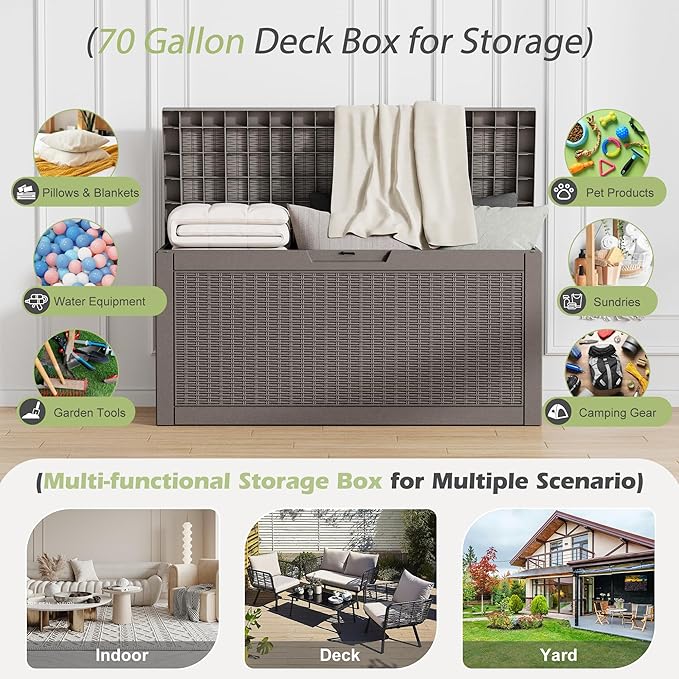 NBYSGO Outdoor Storage Box, Resin Deck Boxes Indoor and outdoor, Waterproof Storage Box Lockable Lid (Grey,70 Gallon)