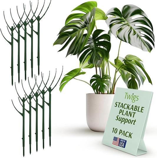 Twigs GA - Stackable Plant Support Stakes, Indoor & Outdoor Houseplant Stem Support, Garden Accessories, Trellis Alternative for Climbing & Potted Plants - Monstera (Dark Green), 10 Pack, 17" L
