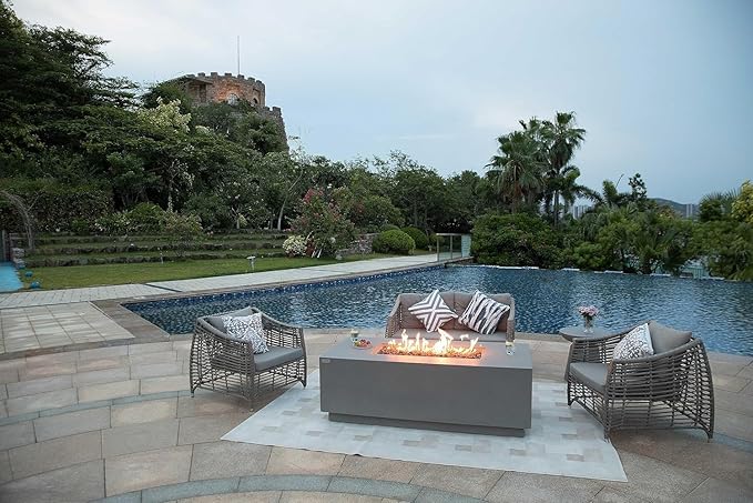 AMS Fireplace Sedona Fire Table Light Gray Liquid Propane Gas Pit Table for Outside Patio Bundle with Wind Guard, and SS Burner Lid | Free Rubber Mat & Ice Bucket
