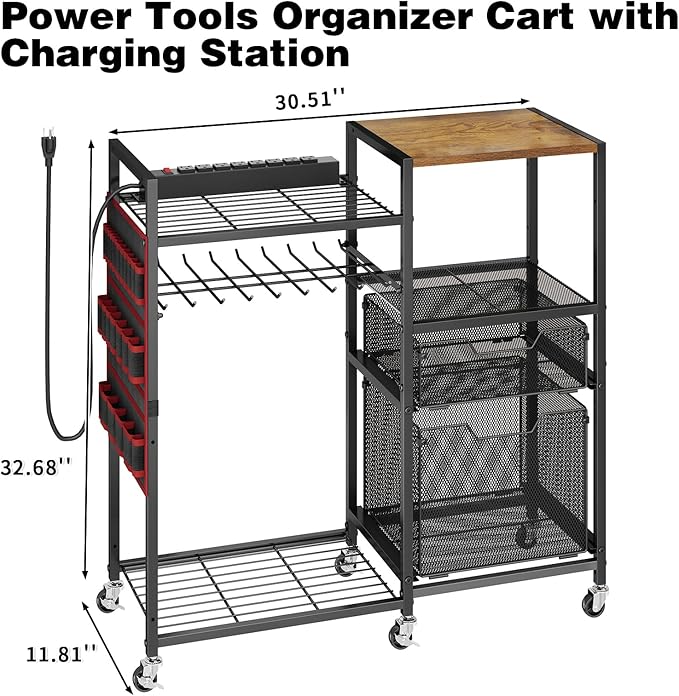 Large Power Tool Organizer Cart with Charging Station, 8 Slots for Cordless Drill Holder with Drawers, Rolling Storage Cart with 8 Power Outlet Heavy Duty Garage Organizer with Wheels for Men
