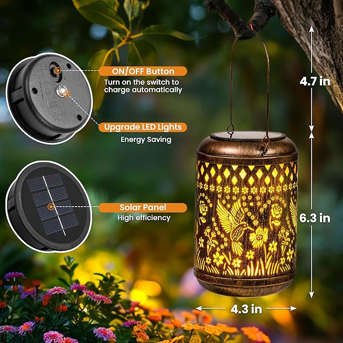 Hummingbird Gifts Outdoor Solar Lanterns, 1 Pack Garden Decor for Outside, Hanging Solar Lanterns Decorative Gifts for Gardeners, Mom, Grandma Birthday Vintage Table Metal Lights for Yard, Balcony