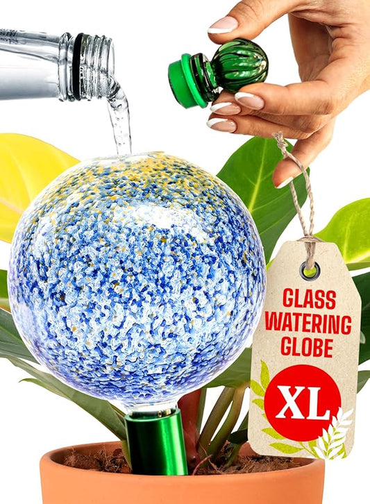 16 Oz Plant Watering Globes for Indoor Plants with Metal Self Watering Planter Insert - Premium XL Glass Hand-Blown Globe - Automatic Plant Waterer Indoor, Gift Idea for Gardener [1 Globe, Blue Gold]
