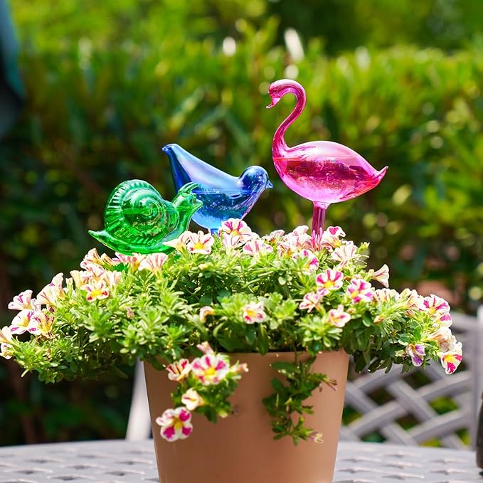 NiHome Spike Self-Watering Bulb 3PCS 10" Iridescent Pearl Hand-Blown Glass Globe Pot Plant Waterer Home Indoor Outdoor Garden Patio Hanging Flower Automatic Irrigation System (Swan, Snail & Bird)