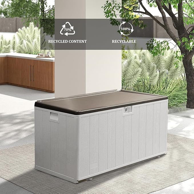 110GAL Deck Box - Grey，Wheeled Footlocker，Waterproof Resin Storage Bin for Patio Cushions