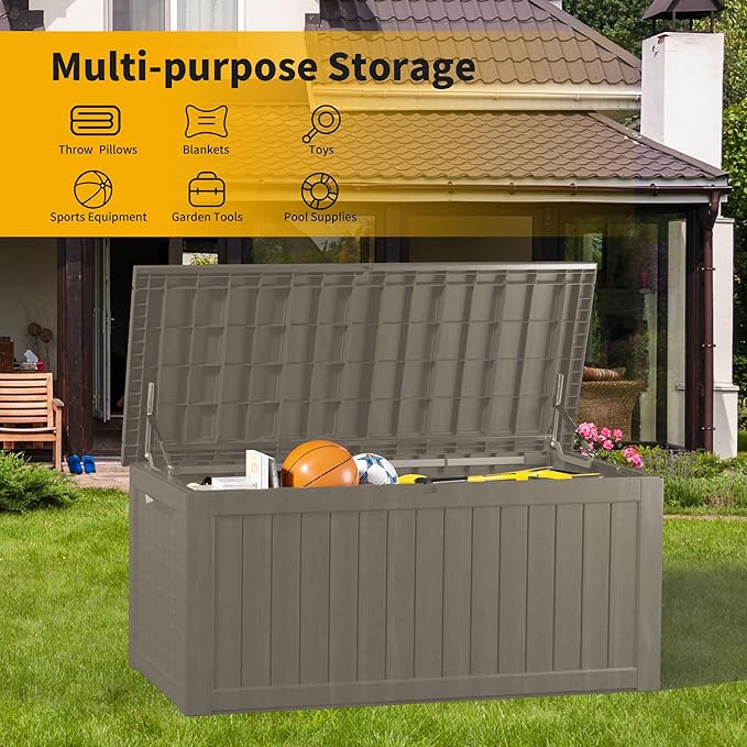 270 Gallon Lockable Resin Outdoor Storage Box, Waterproof & Weather Resistant Deck Box for Patio Cushion, Garden Tools & Pool Accessories, Grey