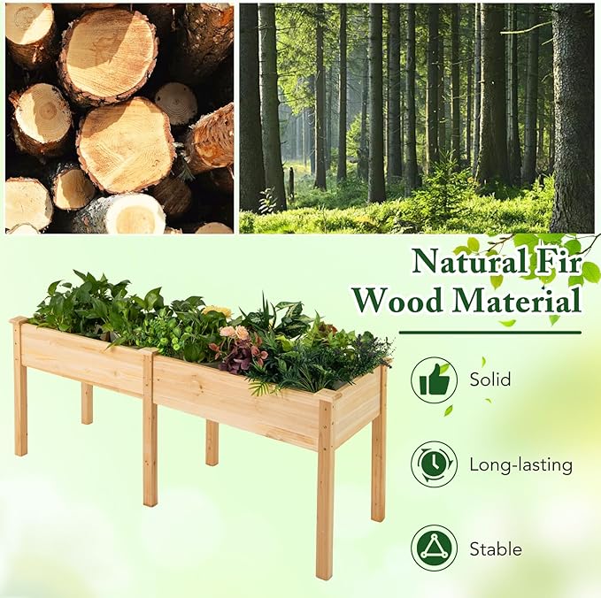 Raised Garden Bed with Legs, Elevated Planter Box with Divider & 8 Drainage Holes, Fir Wood Garden Box for Vegetables, Flowers, Fruits & Herbs (Natural)