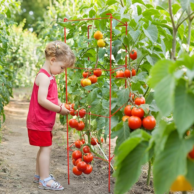 Tomato Cages 6 Packs 46 Inch (H) Plant Stand with 164 Feet Twist Ties, Heavy Duty Garden Plants Support for Tomatoes, Cucumber, and Other Climbing Plants (Red)