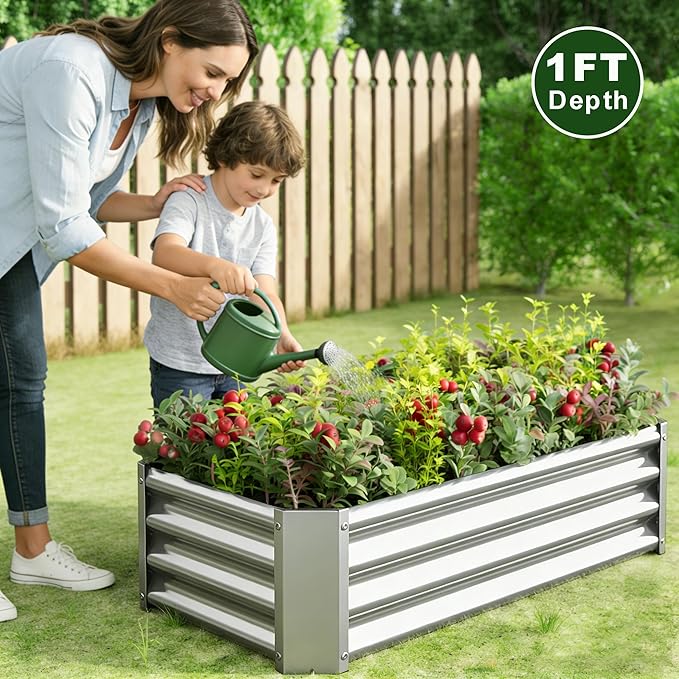 4x2x1ft Raised Garden Bed, Outdoor Galvanized Raised Garden Beds, Metal Raised Beds for Gardening Vegetables Fruits and Flowers, Easy Assembly, 52 Gallon Capacity - Silver
