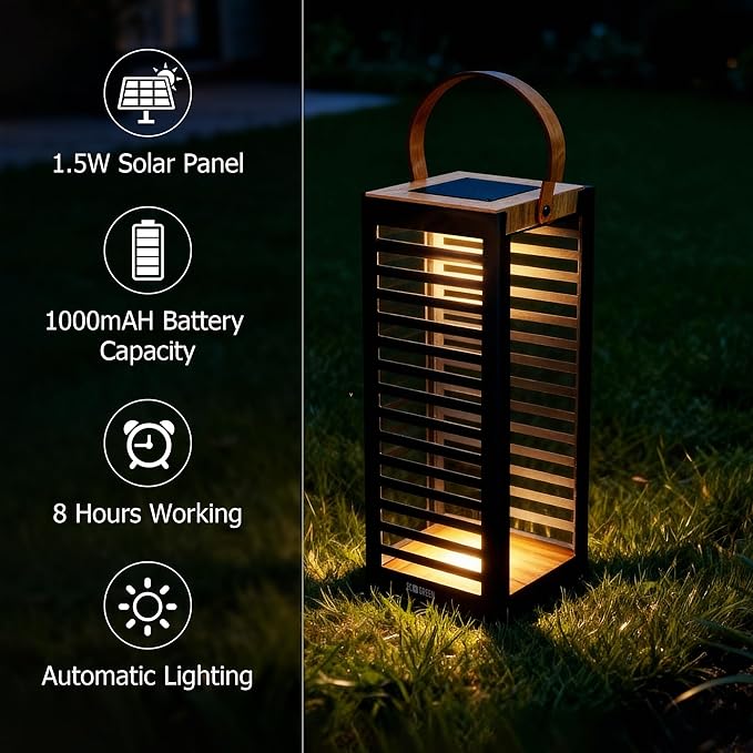 Solar Lantern with Handle - Outdoor Metal Solar Light (7.87×19.69"), Waterproof & Rustproof, 8H Auto-On Warm White Light, Portable for Patio, Porch, Balcony & Garden Decor (Black)