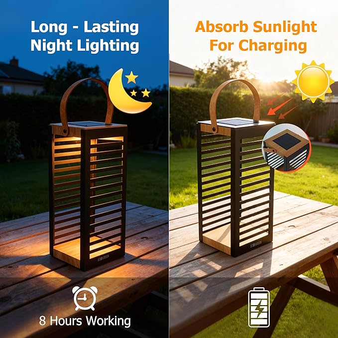 Solar Lantern with Handle - Outdoor Metal Solar Light (7.87×19.69"), Waterproof & Rustproof, 8H Auto-On Warm White Light, Portable for Patio, Porch, Balcony & Garden Decor (Black)