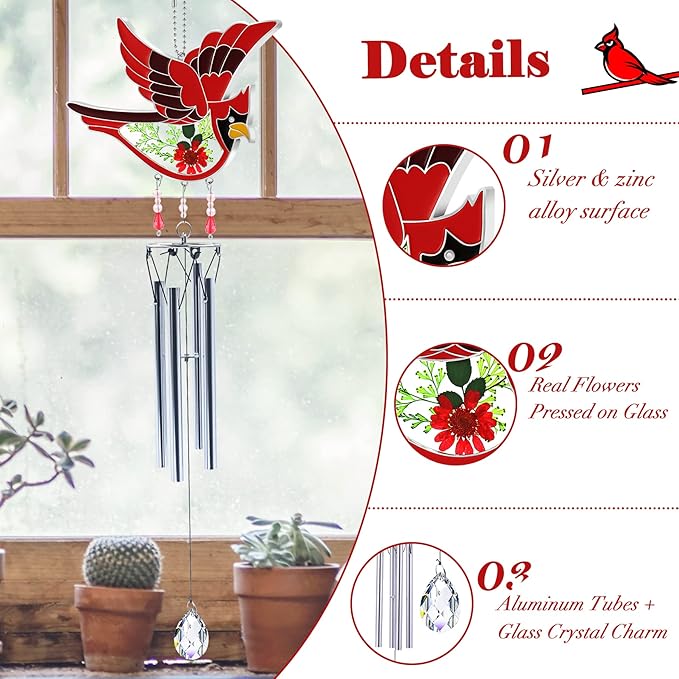 KY&BOSAM Cardinal Wind Chime for Outside Stained Glass Sympathy Wind Chimes Memorial Wind Chime for Loss of Loved One Mother Father Condolence Remembrance,Sympathy Gift Home Outdoor Garden Patio Decor
