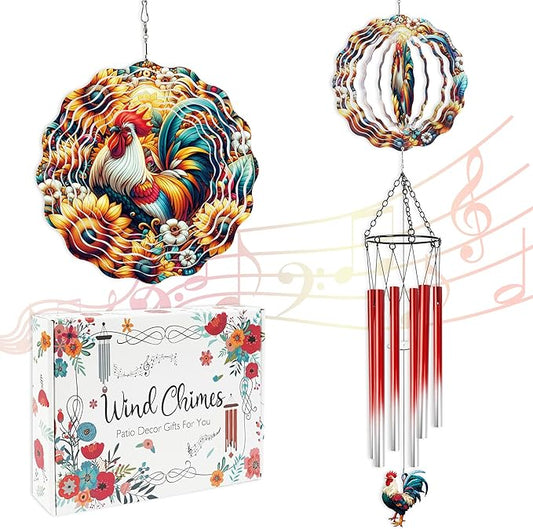 Wind Chimes with Rooster Wind Spinner, Chicken Gifts for Women Mom Friends Sisters Teacher, Metal WindChimes for Outside Home Lawn Porch Patio Garden Outdoor Decor Yard Decorations