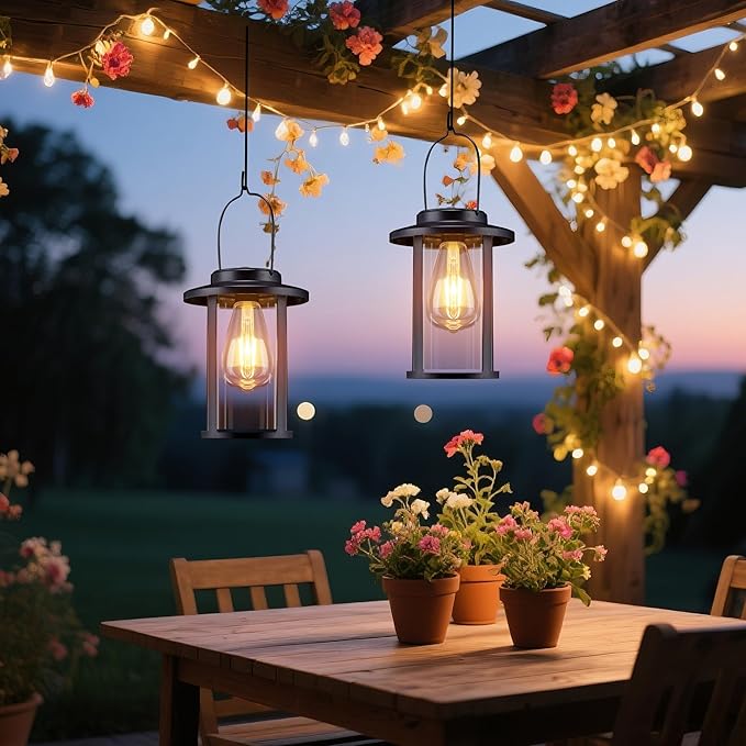 Larekook 2 Pack Solar Lanterns Outdoor Waterproof,High Brightness Hanging Solar Lights for Outside with Wall Mount Kit,Outdoor Decorative Lantern for Garden Patio Garage Porch Yard Decor
